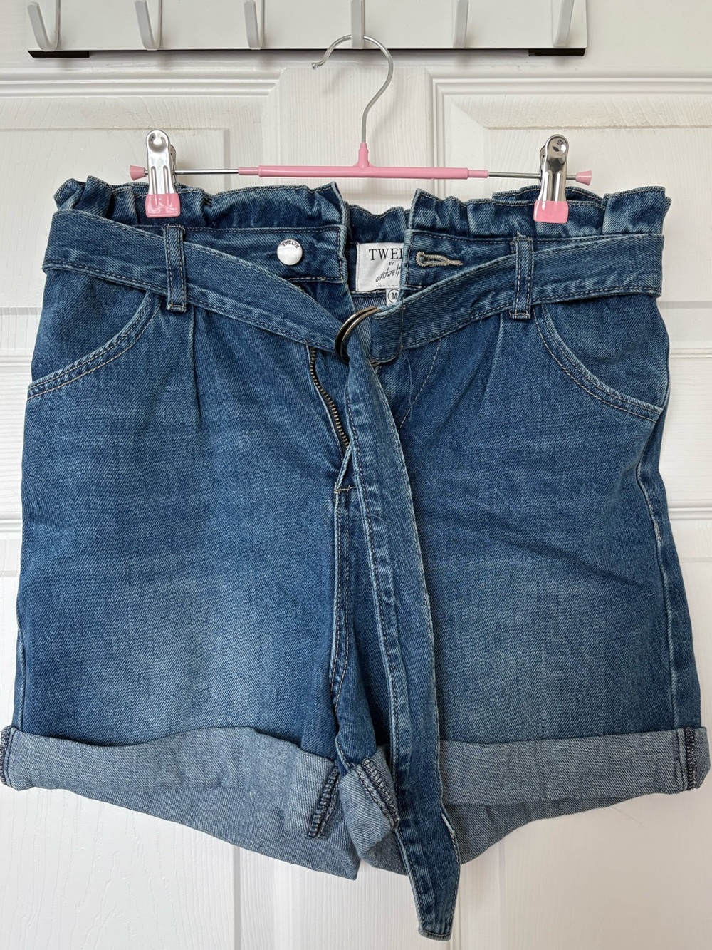 High-Waisted Paperbag Denim Shorts with Tie Belt